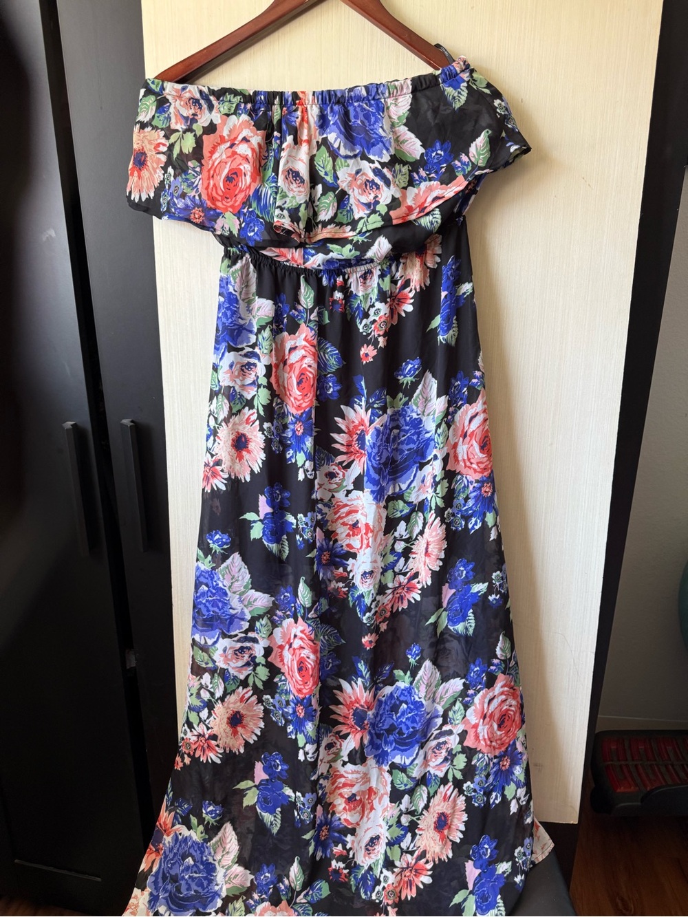 Forever 21 Black Floral Maxi Skirt with Blue & Pink Blooms